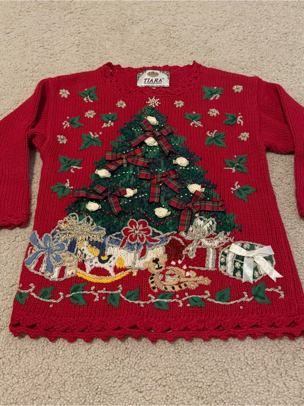 Vintage Tiara International Christmas Tree Sweater Kids Large Embellished Jingle